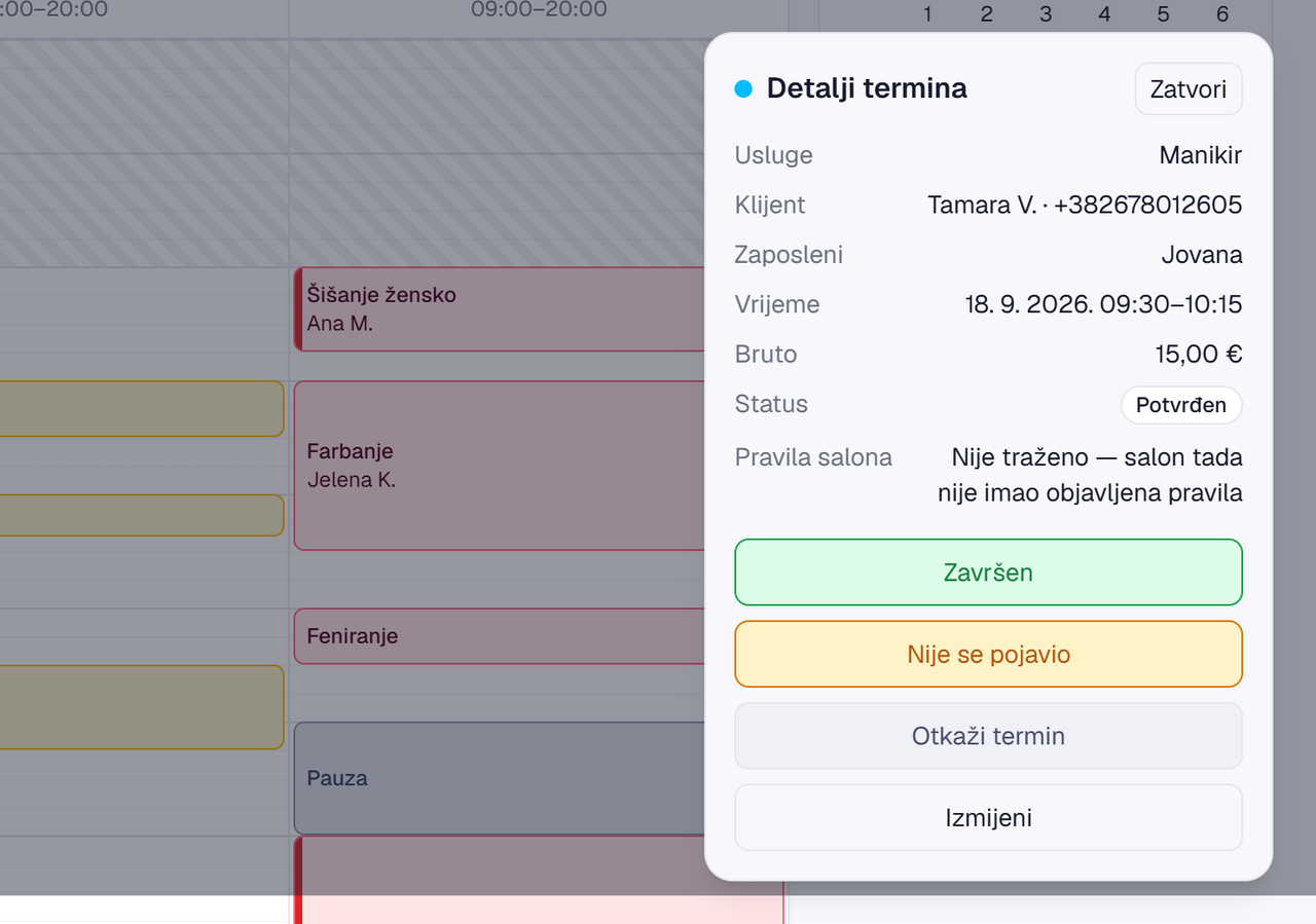 Detalji termina u Alivo kalendaru: usluga, klijent, zaposleni, vrijeme, iznos, status i dugmad Završen, Nije se pojavio, Otkaži