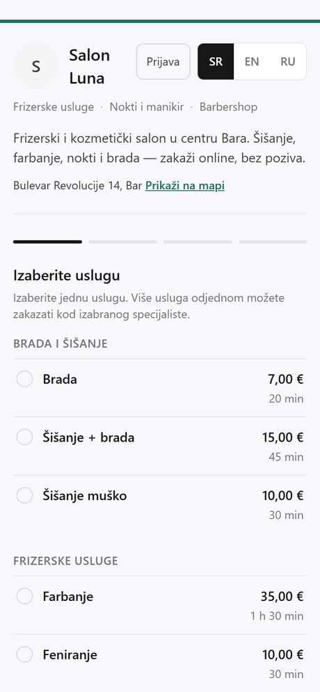Javna stranica salona na telefonu: naziv, opis, adresa i cjenovnik usluga za online zakazivanje