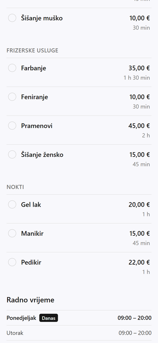 Javna stranica salona: korak „Izaberite uslugu