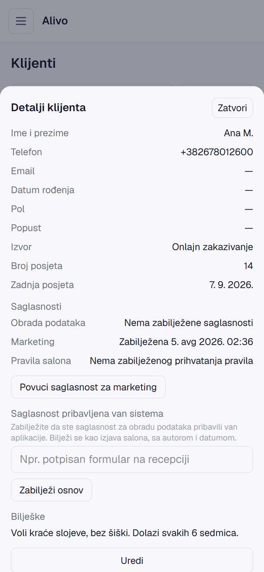 Karton klijenta u Alivu: kontakt, izvor, broj posjeta, zadnja posjeta, saglasnosti sa datumom i bilješke